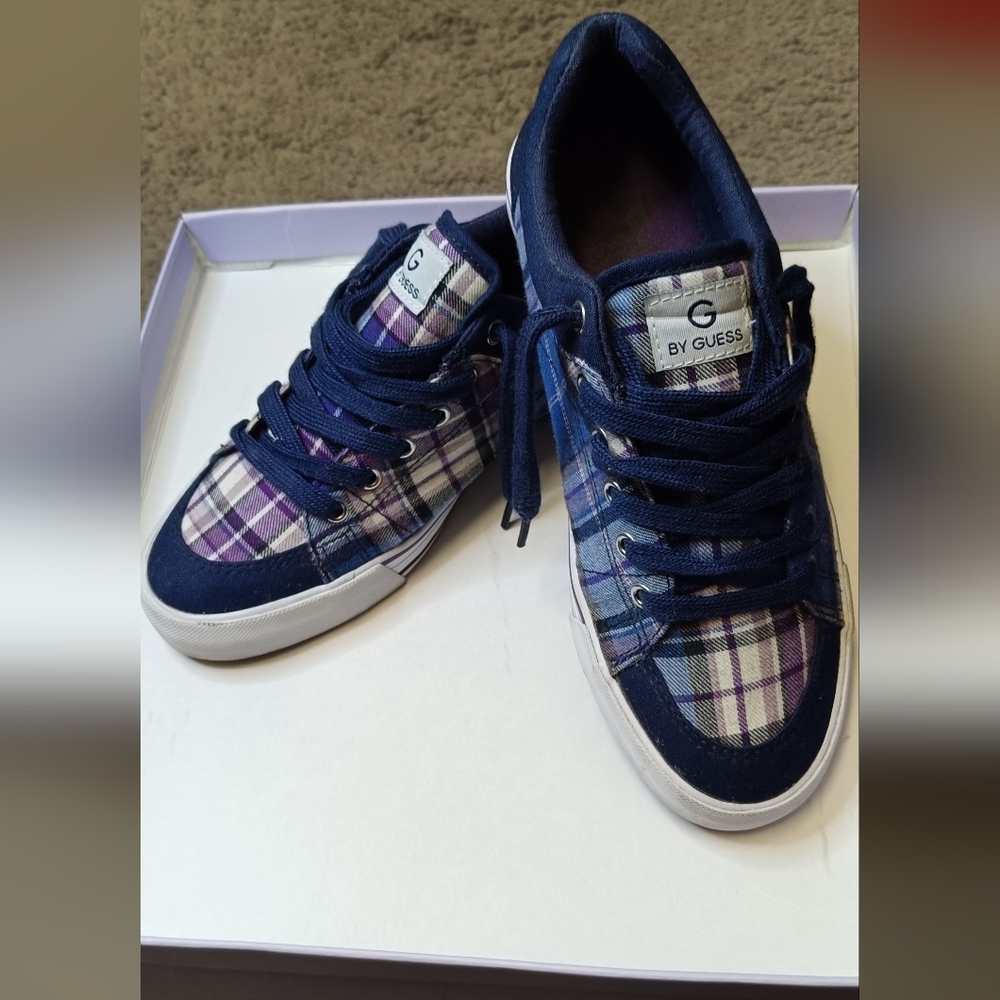 G Bye Guess Checkered Sneakers in Navy and Lavender